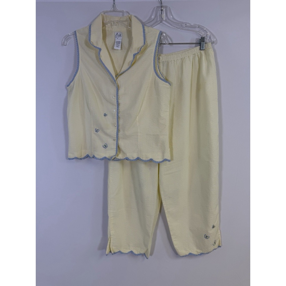 VTG Aria Women's L Floral Grandma Cottage Pajama 2pc Lace Trim Yellow Sleeveless